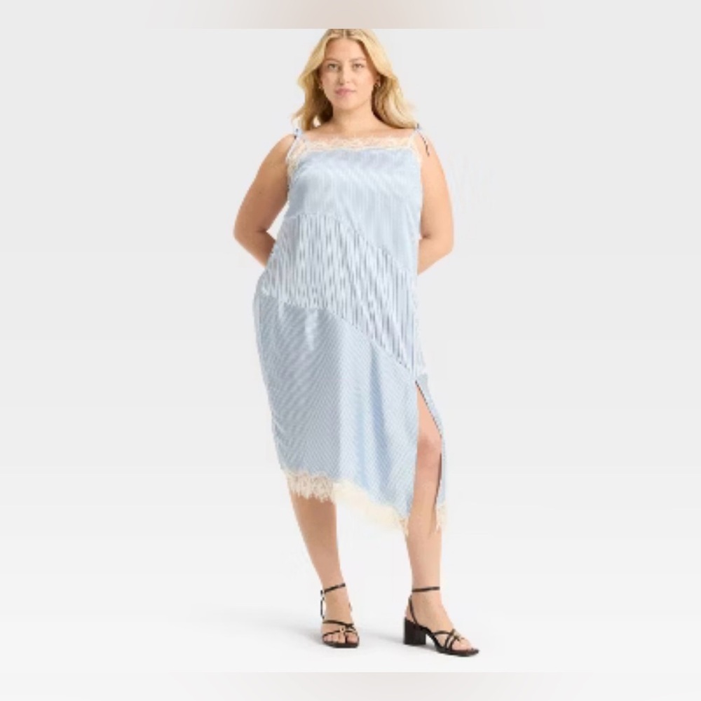 Lace Trim Midi Slip Dress Future Collective line in a blue striped pattern 2X